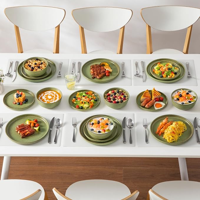 vancasso ZERMATT 18 Pieces Stoneware Dinnerware, Plates and Bowls Set for 6 | Dinnerware Set for 6 in Mossy Green Reactive Glaze Stoneware, Kitchen Dinner Set, Microwave and Dishwasher Safe
