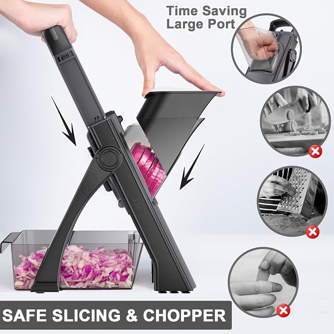 QYKIC Safe Mandoline Slicer Pro for Kitchen, Adjustable 0.1-8mm 7 in 1 | Potato Slicer Onion Chopper Fry Cutter Julienne Dicer Large Chute Stainless Steel Blades Detachable Dishwasher Safe Gifts