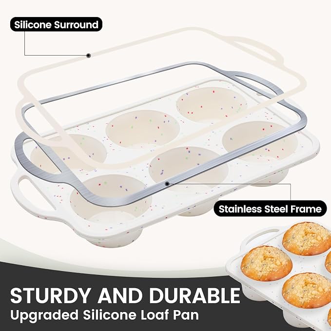 Vinino Jumbo Muffin Pan with Metal Reinforced Frame-1Pack, Large Silicone Cupcake Pan for Baking 6 Cup Jumbo Size, Silicone Muffin Tray, Cupcake Baking Pan Molds for Oven Dishwasher Safe-Cream