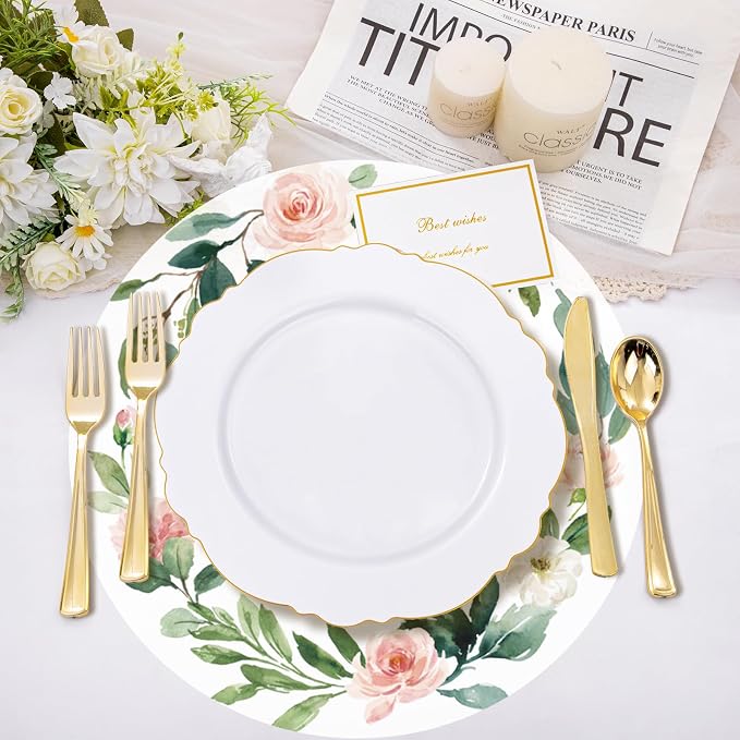 50 Pack Paper Placemats Disposable Pink Floral Wedding Placemats 13.7 Inch Rose Floral Round Place Mats Summer Table Mats for Birthday Wedding Anniversary Bride Party Supplies