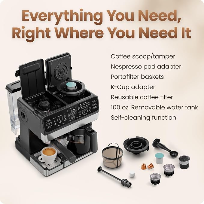 Chefman Coffee Maker Espresso Machine Combo, 8-in-1 Coffee Station with Automatic Milk Frother for Lattes, Cappuccinos, Macchiatos, 20-Bar Pump, 12-Cup Carafe & 3L Water Tank - Black