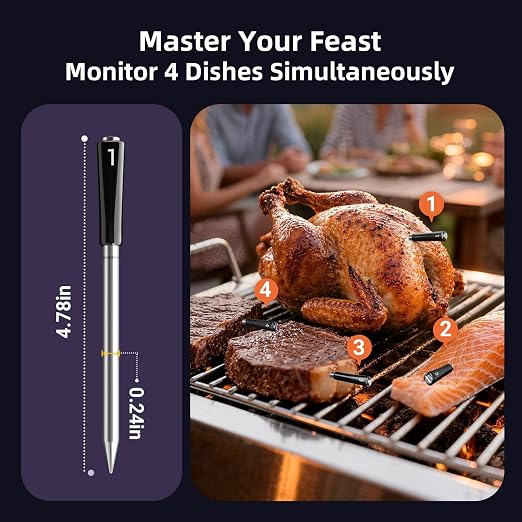 Wireless Meat Thermometer Digital with 4 Probes & IP67 Waterproof，2 Sensors in 1 Probe, WiFi Unlimited Range Real Time Monitoring Smart Meat Thermometer for Cooking, BBQ, Grill, Oven, Smoker