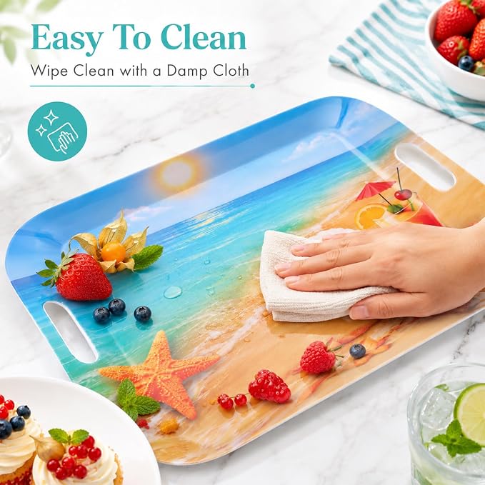 2 Pcs Summer Beach Serving Trays with Handles Colorful Beach Party Party Decorations 16 X 11inch Large Melamine Serving Platters for Birthday Baby Shower Hawaiian Tropical Summer Parties Supplies