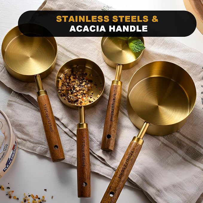 SHIKORI Gold Measuring Cups and Spoons Set with Wood Handles 8PCS | Premium Stainless Steel Measuring Spoons and Measuring Cups Set,Ideal for Dry & Liquid Ingredients(Gold)