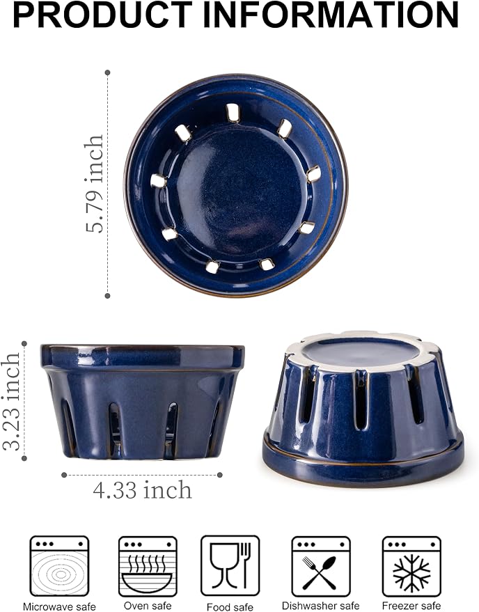 Gomakren Ceramic Berry Basket Set of 2, Fruit Bowl with Holes, Cobalt Blue | Drain Holes Keep Berries Fresh, Stackable Space-Saving, Dishwasher Safe, Versatile Fruit Serving & Farmhouse Kitchen Decor