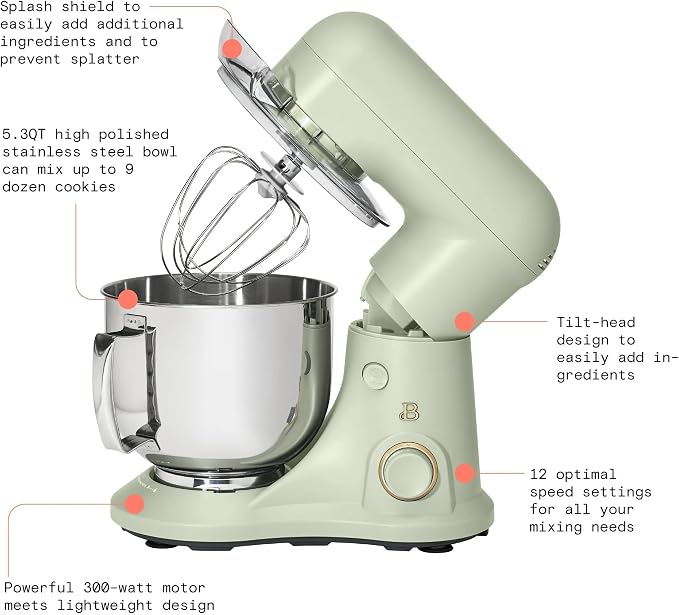 5.3 Qt Stand Mixer, 300W Electric Kitchen Mixer with 12 Speeds, Tilt Head Design, Stainless Steel Bowl, Dough Hook Whisk Beater Splash Guard (Sage Green)