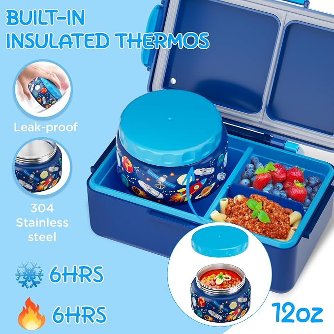 SHPMXUPW Kids Bento Lunch Box – 12 oz Stainless‑Steel & 3‑Compartment Leak‑Proof Food Container with Built‑In Ice Pack, Insulated Food Jar for Boys & Girls, School & Travel