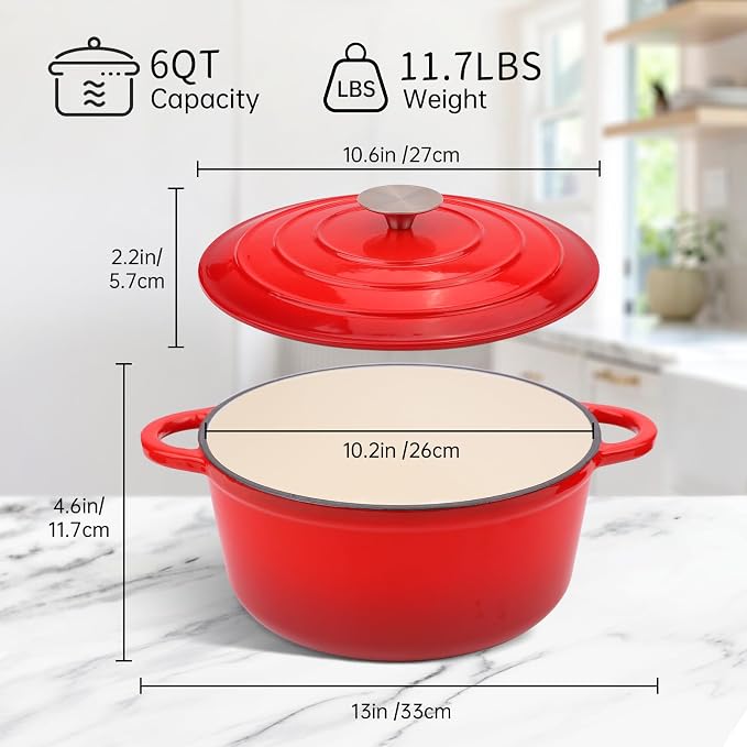6 Quart Enameled Cast Iron Dutch Oven Pot with Lid Red | Silicone Accessories, Oven Safe up to 500°F, Non-stick Dutch Oven for Bread Baking, Cooking, Dual Handles Cookware