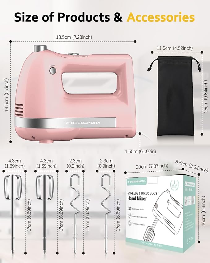 Electric Hand Mixer, Powerful Hand Mixer Electric Handheld with 304*(2*Beaters, 2*Dough Hooks),(1*Storage Bag) Hand Held Mixer with Turbo for Baking Cakes,Cream(Pink)