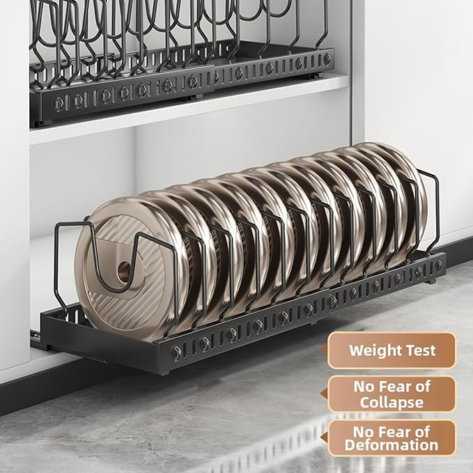 pots and pans organizer under cabinet,pot lid organizers inside cabinet holders for kitchen,Horizontal and vertical pulling modes,Can be extended and adjusted (Black horizontal pull-out)
