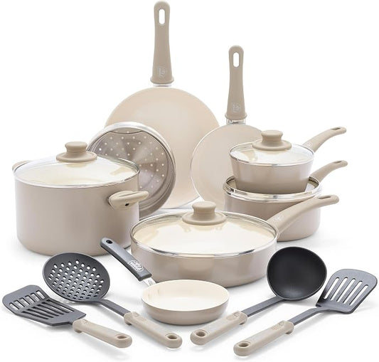 GreenLife 16 Piece Ceramic Nonstick Pots & Pans Cookware Set, Taupe | PFAS-Free Nonstick Coating, Stockpot, Frying Pans, Saucepans, Sauté Pan, Stay-Cool Handles, Dishwasher & Oven Safe up to 350F