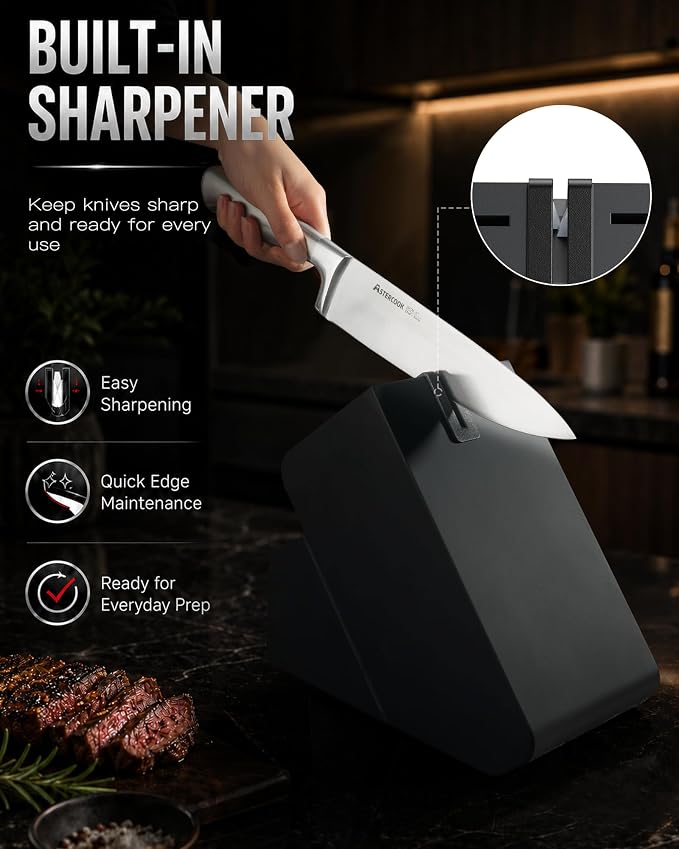 Astercook Knife Set 15 Piece German Steel Kitchen Knife Block Set | Wooden Block with Built-in Sharpener, One-Piece Design, Dishwasher Safe, Rust-Resistant, 6 Steak Knives, For Cooking & Gift