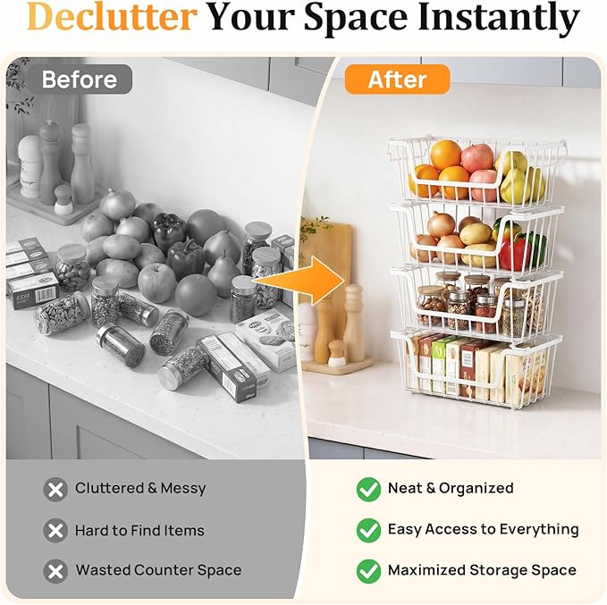 SUNALLY Stackable Storage Bins 6 Pcs Wire Baskets Freezer Organizer, White | Pantry Organizers Storage, Vegetable Fruit Storage Basket for Countertop, Kitchen Baskets for Onion Potato Snack Cans Storage