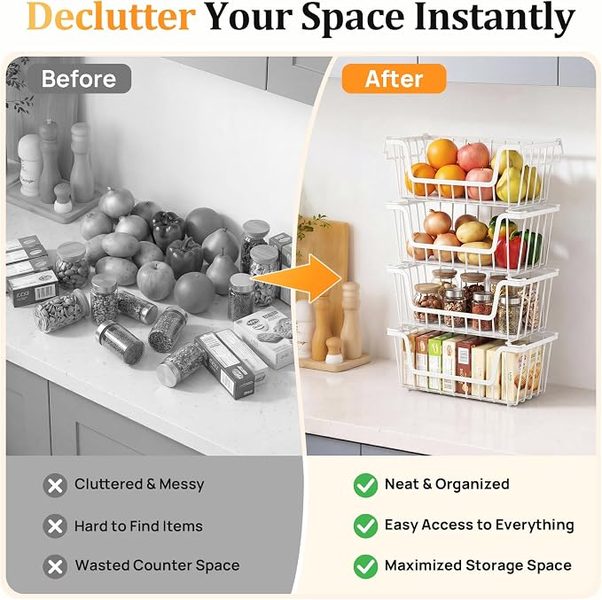 SUNALLY Stackable Storage Bins 4 Pcs Wire Baskets Freezer Organizer, White | Pantry Organizers Storage, Vegetable Fruit Storage Basket for Countertop, Kitchen Baskets for Onion Potato Snack Cans Storage