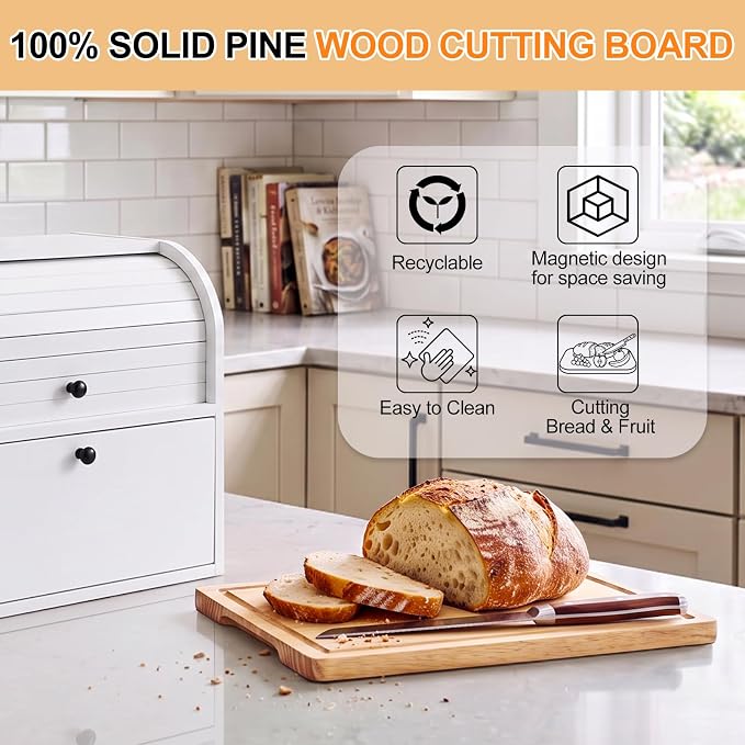 Alpeir Roll Top Bread Box with Cutting Board for Kitchen Countertop, White | Large Breadbox with Ventilation Holes, Double Layer Pantry Shelf, Wooden Homemade Bread Storage Container, Vintage Farmhouse