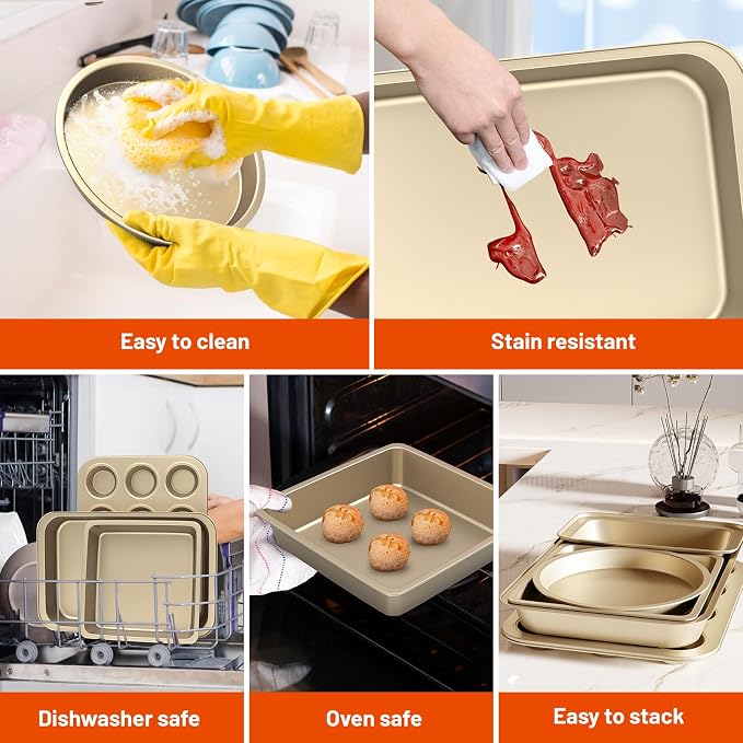 CasaCulina Baking Pans Set, 5-Piece Nonstick Bakeware Sets, Gold | Kitchen Cookware Sets Baking Supplies with Round/Square Cake Pan, Muffin Loaf Roast Pan, Baking Sheets for Oven, Black