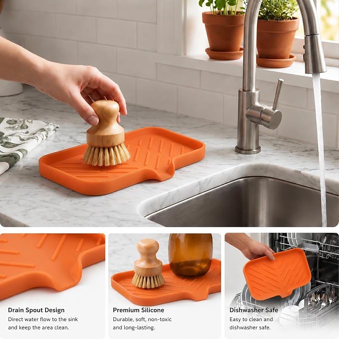 MicoYang Silicone Soap Dish with Drain Spout — Self-Draining Sink Organizer Tray for Bathroom & Kitchen, Sponges, Dispensers & Soap Holder, Non-Slip & Dishwasher Safe, Orange (Medium, 9.6"×5.3")