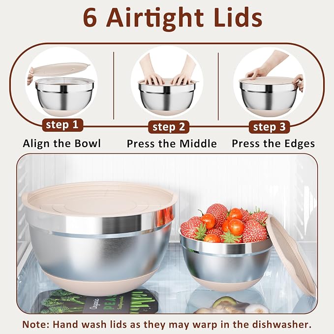 9 Pack Mixing Bowls with Airtight Lids & Grater Attachments, Khaki | Stainless Steel Bowl, Non-slip Bases, Nesting Kitchen Bowl, Size 5, 4, 3, 2, 1.5,1QT,for Food Prep, Baking, Storage & Serving