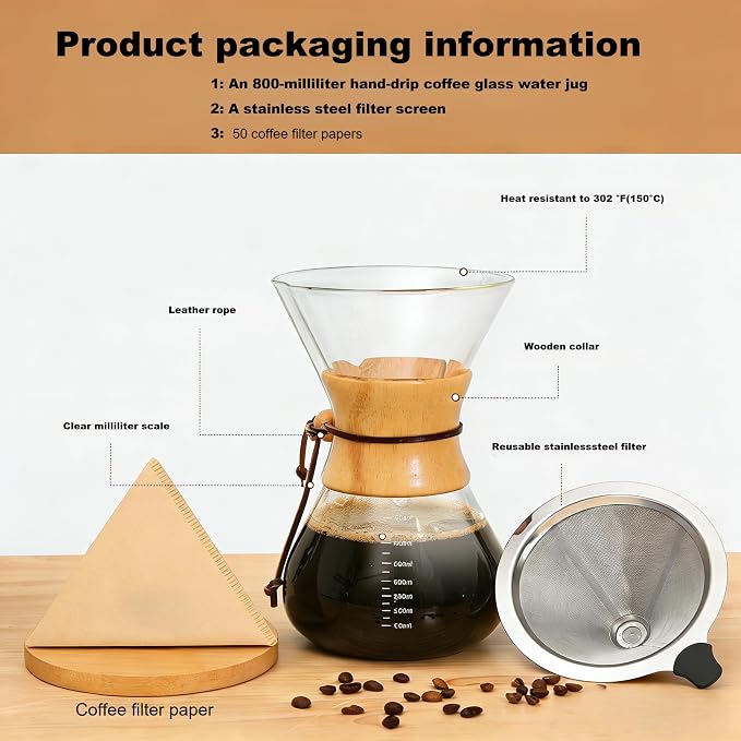 Pour Over Coffee Maker, 8 Cup Borosilicate Glass Pour Over Coffee Dripper with Reusable Stainless Steel Filter, Classic Drip Coffee Maker for Home Café, French Press Alternative