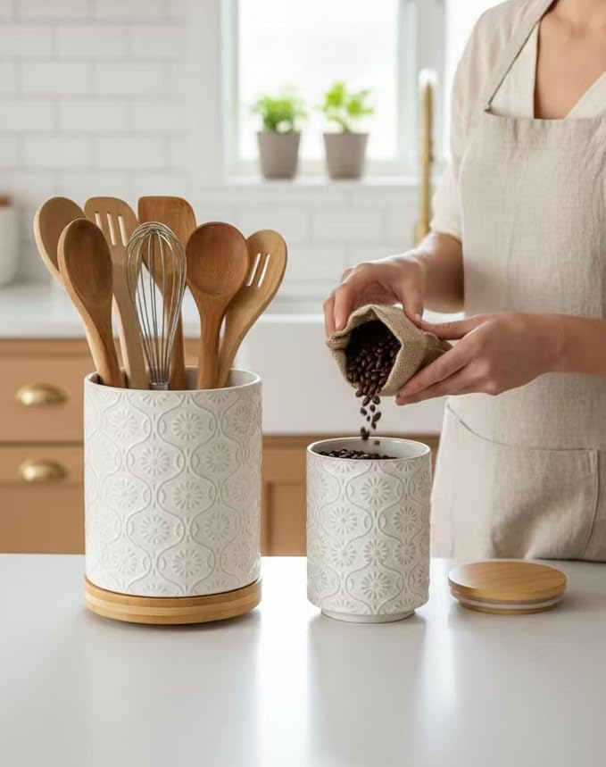 TEATALK Ceramic Utensil Holder Set, 360° Rotating Organizer for Countertop, Farmhouse Vintage Style, Large and Small Crocks in White, 7.7"+5.7"
