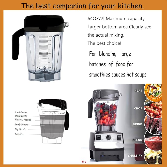 Blender Pitcher 64oz Low-Profile,Compatible with Vit 780 750 7500 5000 5200 Vm0102 Vm0103 Vm0197 E310 Professional/Commercial/Classic Series etc Blender,Blender Container Jar Cup,10 Years Warranty