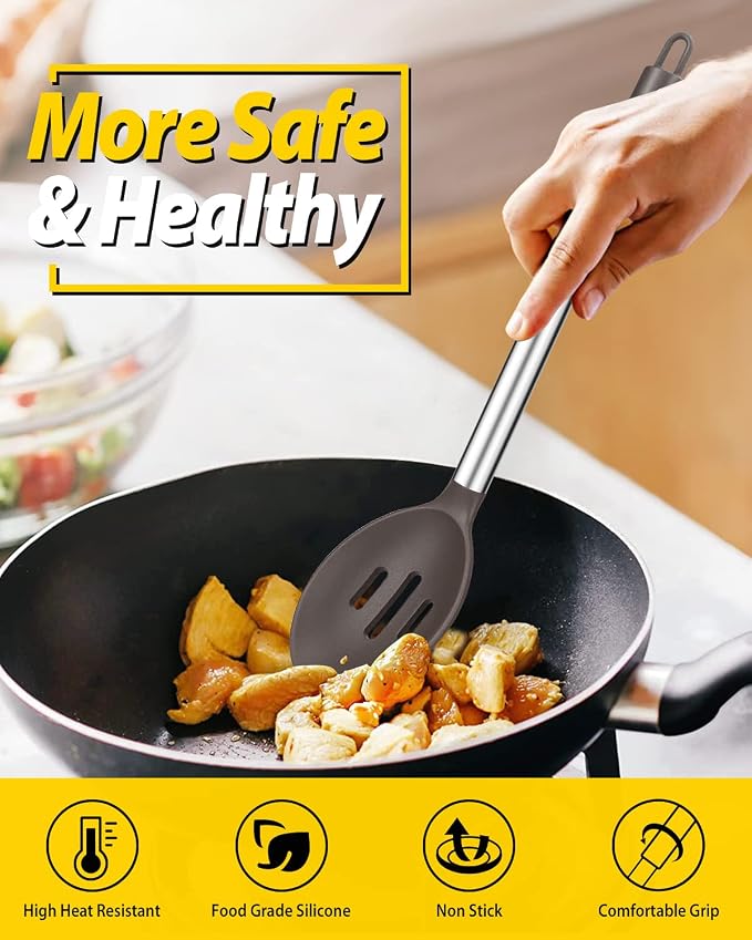 BUNDLEPRO Silicone Cooking Spoons for Non Stick Cookware, 2 Pack, Chocolate | Heat Resistant, Large Kitchen Spoons for Mixing, Serving, Draining, Stirring