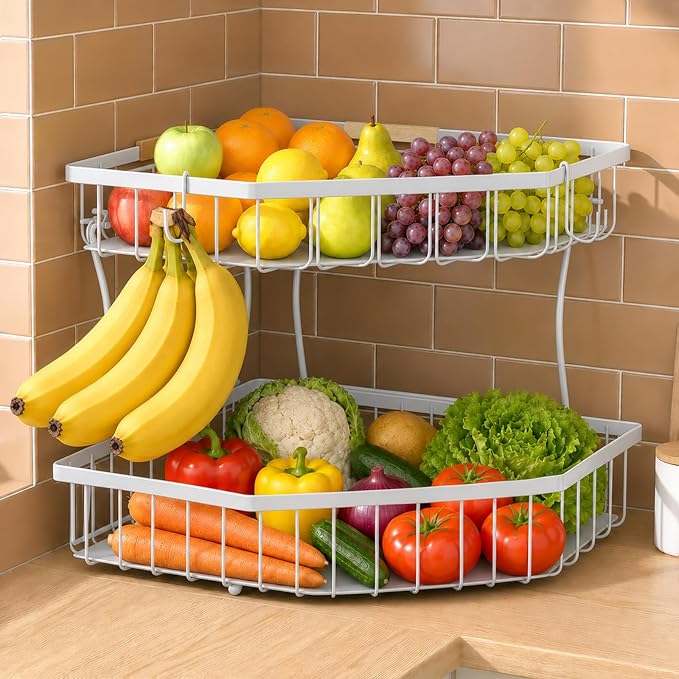2 Tier Fruit Basket for Kitchen Counter with 2 Banana Hangers for Corner | Detachable Metal Fruit Bowl with Wooden Handle, Large Capacity Fruit Stand for Bread Fruit and Vegetable Storage, White