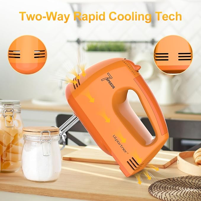 LILPARTNER Hand Mixer Electric, Ultra Power Kitchen Hand Mixer With 7-Speed & 5 Stainless Steel Accessories for Whipping Dough, Cream, Cake, Dishwasher Safe, Light Orange