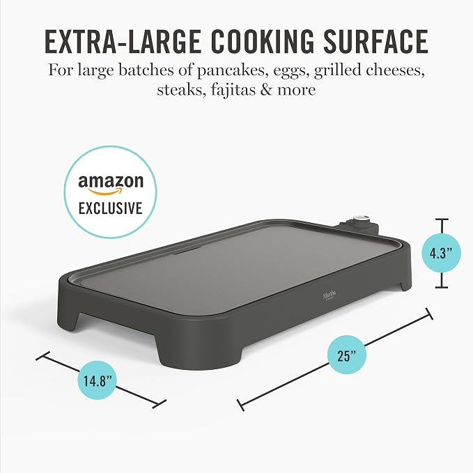 Martha Stewart 12"x 22" XL Electric Griddle, Ceramic Nonstick Flat Top | PFAS-Free Nonstick Grill, XL Cooking Surface for Pancakes & Eggs, Adjustable Temp Dial, Drip Tray, 1500W Heating, Caviar Gray