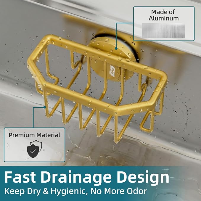 TAILI Sponge Holder for Kitchen Sink with Strong Suction Cup-Gold | Removable Sink Caddy for Kitchen Sink Oganizer, Rustproof Aluminum Sink Sponge Holder for Scraper Brushes, Stoppers