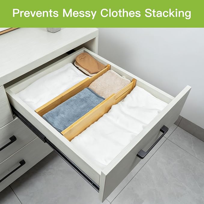 Utoplike Bamboo Dresser Drawer Dividers, Expandable Organizer for Clothing | Adjustable 3.2" High Drawers Separators for Kitchen, Bathroom, Bedroom, Office Storage, 4Pcs, Fit 13.5"-16" Inner Drawer