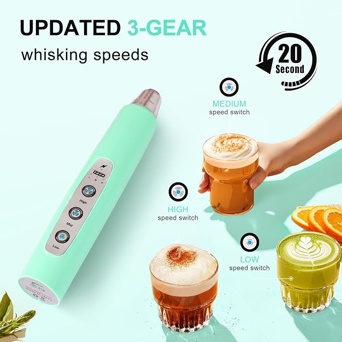 YUSWKO Handheld Milk Frother Wand for Coffee, Rechargeable Electric Whisk with 3 Heads 3 Speeds Drink Mixer Coffee Frother For Latte, Cappuccino, Hot Chocolate, Egg, Baby Blue