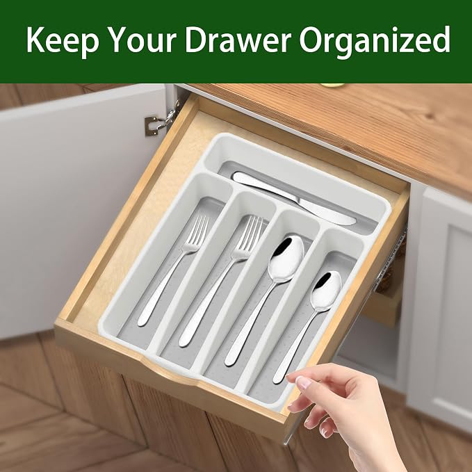 Loyareal Silverware Organizer 2 Pieces Utenisl Organizer Holder Kitchen Drawer Organizer Plastic Silverware Tray for Drawer Flatware Organizer 5 Compartment White
