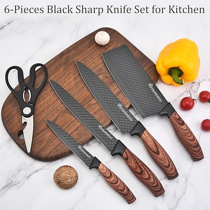 Kitchen Knife Set, Retrosohoo 6-Pieces Khaki Sharp Knife Block Set for Kitchen, Non-stick Non-slip Stainless Steel Chef Knife Set with Universal Knife Block Suitable for Home Restaurant (Black)