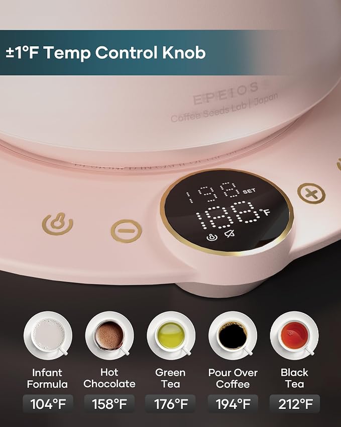 INTASTING Gooseneck Electric Kettle with ±1℉ Temperature Control 0.9 Liter | 1500W Quick Heating, Stainless Steel Inner, Pour Over Coffee & Tea, Keep Warm, Auto Shut-Off, Built-in Brew Timer, Pink