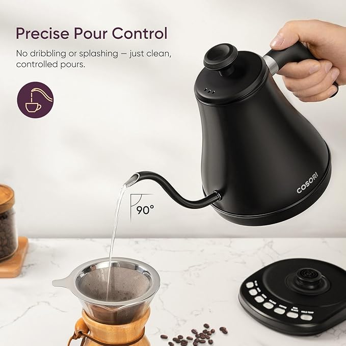 Cosori Gooseneck Electric Kettle with Temperature Control, 0.8L, Black | No Plastic Contact with Water, 5 Presets, 60-Min Keep Warm, Pour Over Coffee & Tea, Stainless Steel Interior, 1200W