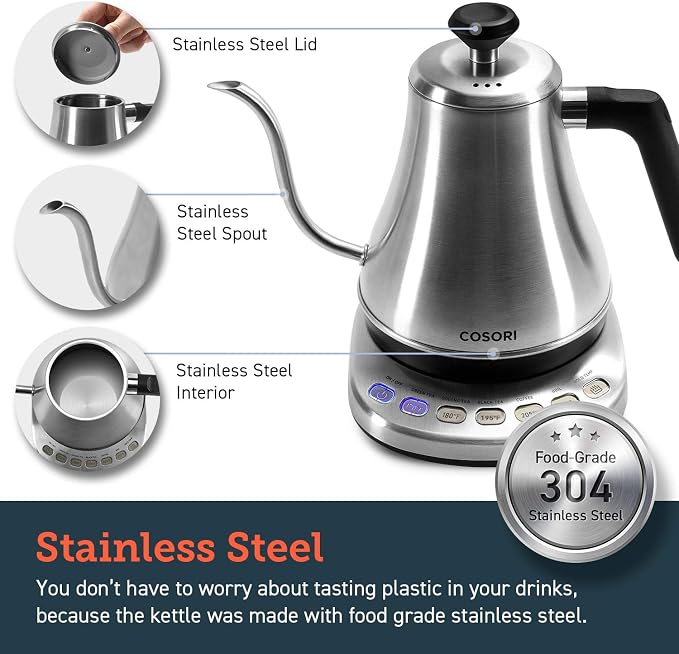 Cosori Gooseneck Electric Kettle with Temperature Control, 0.8L, Silver | No Plastic Contact with Water, 5 Presets, 60-Min Keep Warm, Pour Over Coffee & Tea, Stainless Steel Interior, 1200W