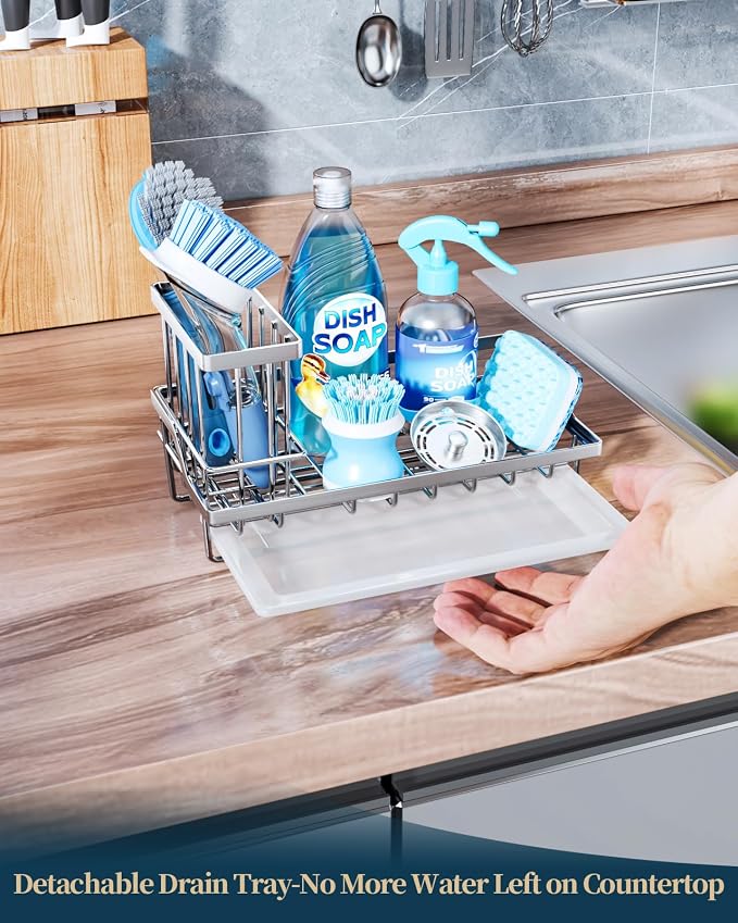 Consumest Sink Caddy, Kitchen Sponge Holder with Dish Brush Holder, Kitchen Sink Organizer with Drip Tray for Countertop Stainless Steel Rustproof, Silver-Large