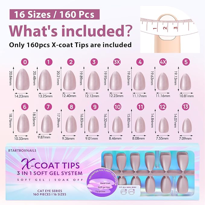 BTArtboxnails XCOATTIPS Cat Eye Press On Nails, Short Almond, Falling Star | Lamp-Curable 4-Week Wear, Salon Quality Value at Home, Natural Nail Look, Easy-to-Apply for Beginners, 1606ct Nail Tips Only