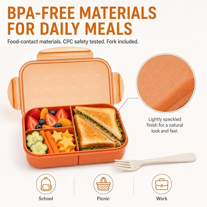 MISS BIG® Bento Lunch Box for Kids, 1150ml, 3 Compartments, Coral Orange | Coral orange 1150ml kids bento box for school lunch, daycare meals, snacks, picnic, and travel.