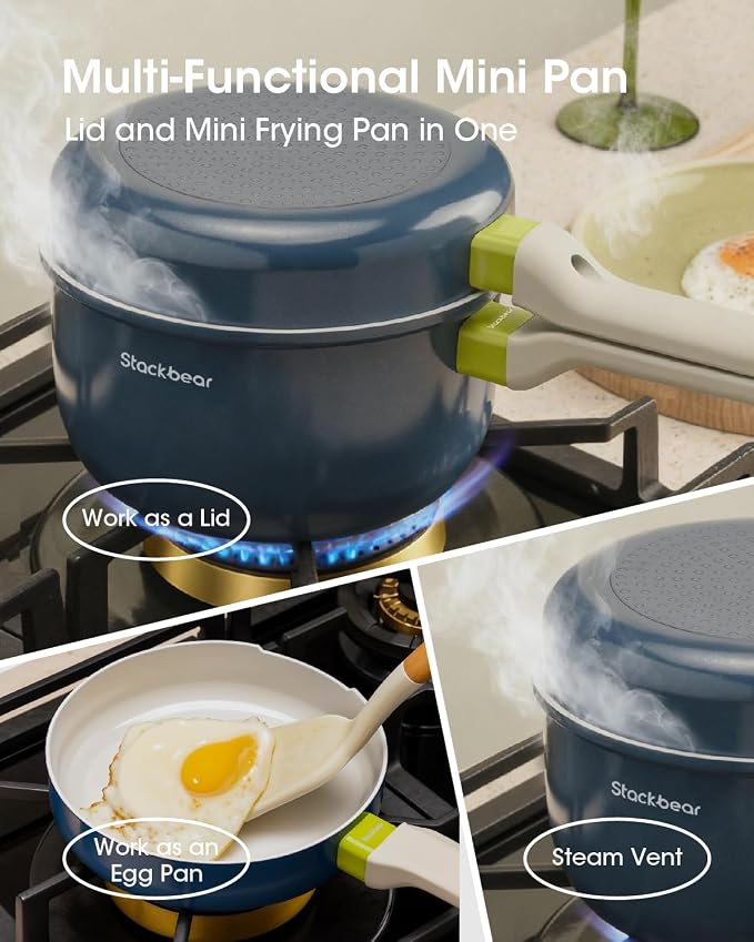 Ceramic Non Stick Sauce Pan, 2.5QT Saucepan with Frying Pan as Lid, Steamer Pot for Cooking, Induction Cookware Set, PTFE, PFOA & PFAS Free, Light Blue