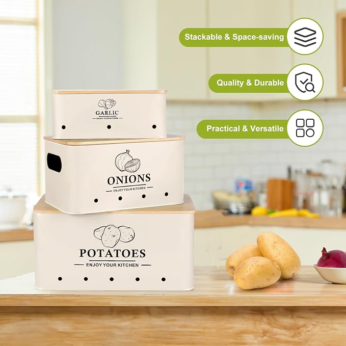 Kitchen Vegetable Storage Set of 3, Metal Onion Garlic Potato Storage Set, Kitchen Canisters Vegetable Keeper Containers with Aerating Holes and Bamboo Lid，Beige