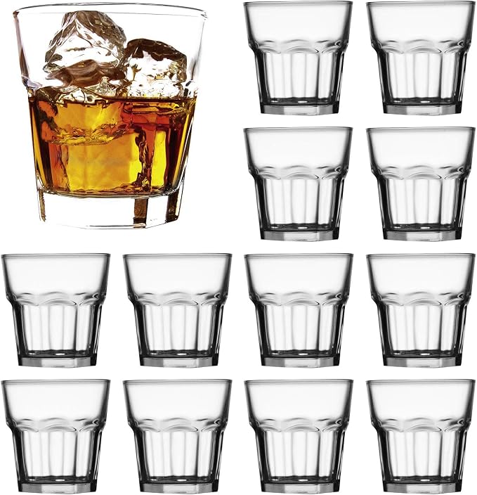QAPPDA Whiskey Glasses 8 oz, Clear Drinking Cups Glass Cups,Cocktail Glass Whiskey Shot Glasses Set for Restaurants,Bars,Parties,Vodka Glass Cups Water Cups 12 Pack | Short Glass Tumbler, Modern Rocks Glass for Scotch or Bourbon, Dishwasher Safe Glassw...