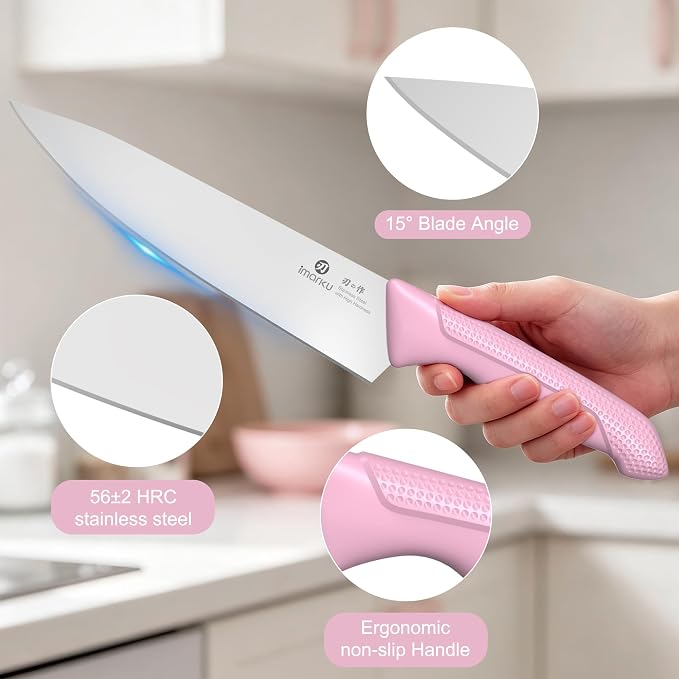 imarku 14-Piece Japanese Stainless Knife Set with Build-in Sharpener,Pink | Kitchen Knife Set with Block|15°Precision Edge|56±2 HRC Hardness|Built-in sharpener|Ergonomic handles|Dishwasher safe
