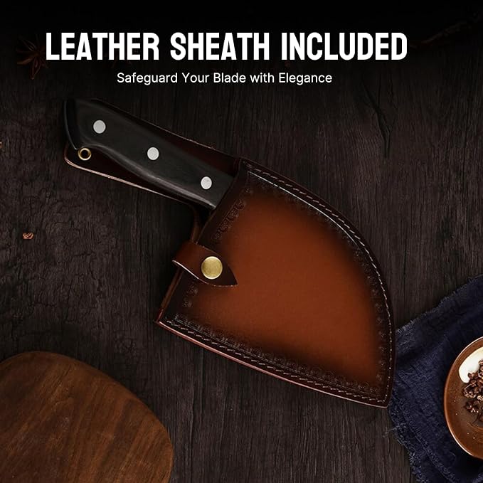 Serbian Chef Knife - 6.7 Inch Hand-Forged High Carbon Steel Full Tang Butcher Knife with Wood Handle - Razor Sharp Cooking Knife - Leather Sheath Included