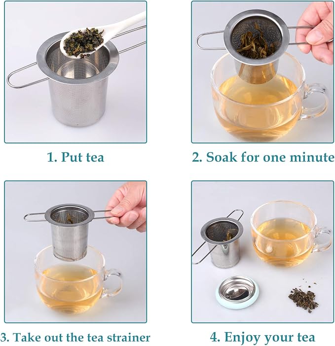 Tea Infuser Stainless Steel Tea Strainer Folding Handle Tea Filter Extra Fine Mesh Strainer Brewing Basket with Lid for Loose Leaf Tea (Light Blue) …