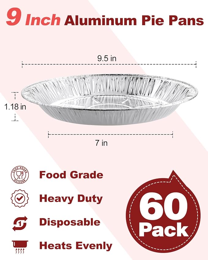 60 Pack 9 Inch Disposable Aluminum Pie Pans - Round Foil Pie Tins, Foil Plates, Takeout Food Containers for Tart Baking, Cooking, Reheating, Roasting