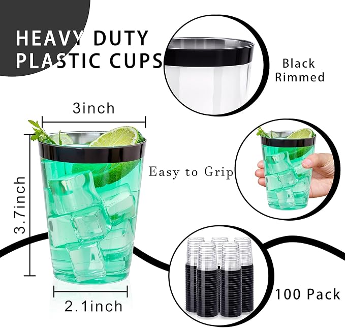 DaYammi 100 Pack Black Plastic Cups 10Oz Clear Disposable Cups with Black Rim, Clear Cocktail Cup Heavy Duty Disposable Wine Glasses Disposable Fancy Plastic Cups for Party Wedding