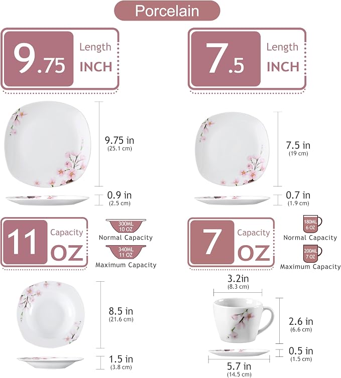 VEWEET 30 PCS Ceramic Dinnerware Sets for 6, Pink Floral Dish Set, ANNIE | Porcelain Dinner Set Including Dessert Plates, Soup Plates, Dinner Plates, Cups & Saucers, Microwave & Dishwasher Safe