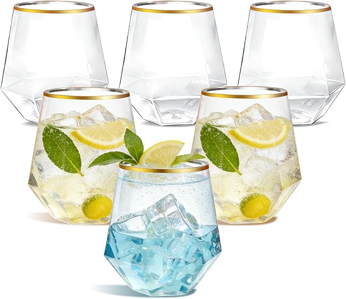 CHLJAR 40 Pack 12oz Stemless Plastic Wine Glasses, Clear Gold Rim Unbreakable Drinkware, Elegant Cups for Champagne Whiskey Cocktails, Weddings Parties Home Bars, Indoor Outdoor, Gifting Daily Use